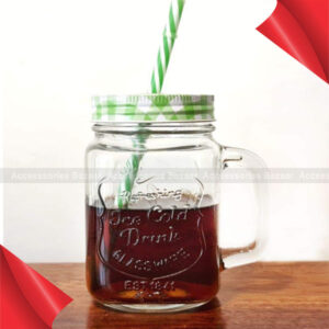 Glass Mason Jars with Handle and Straw, 450ml Green Colour